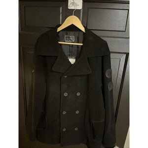 Orisue Mens Double Breasted Wool Peacoat Size L Black Navy / Airman Patches NWT